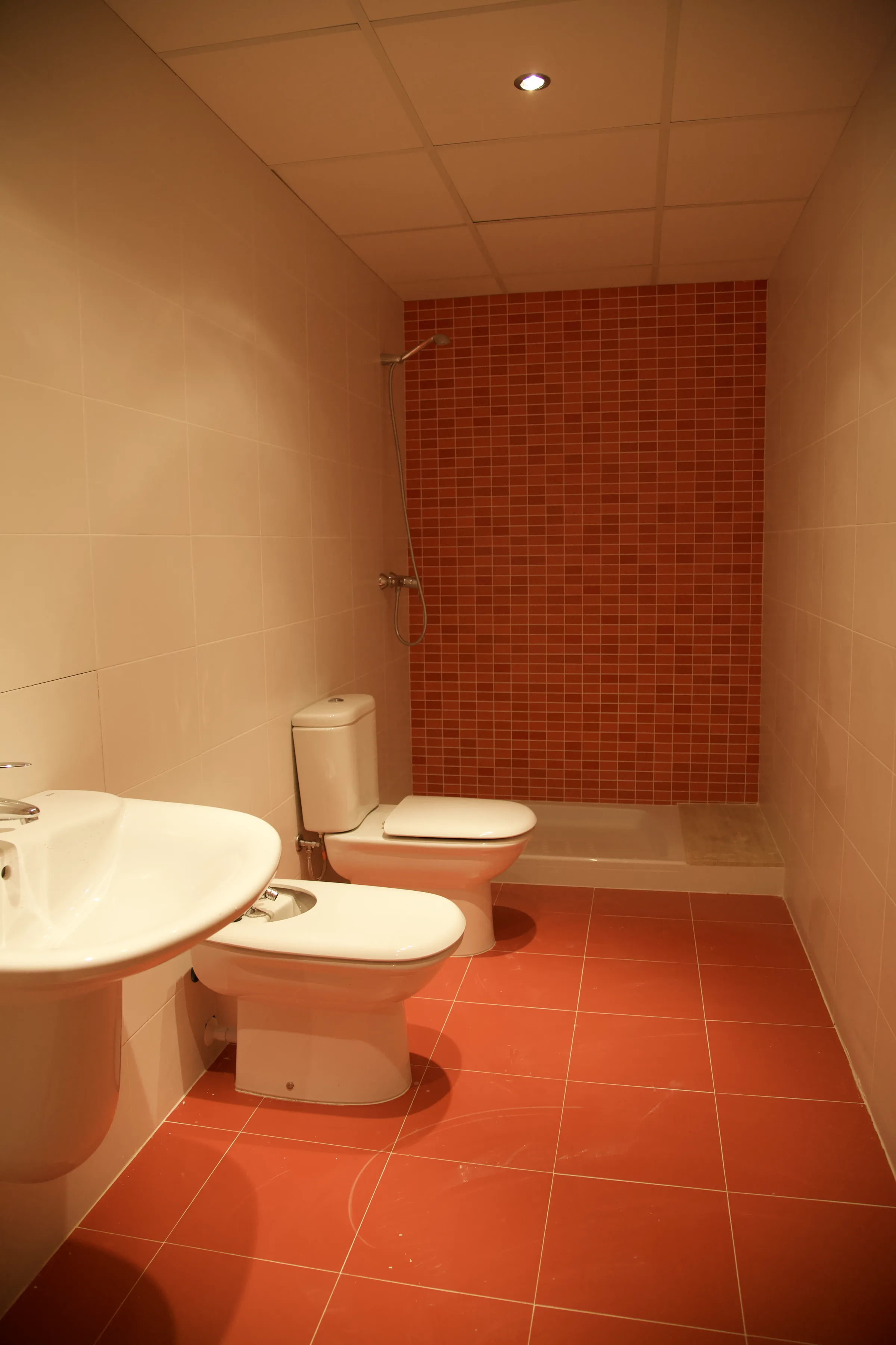 Baño con plato de ducha y pared de mosaico rojo