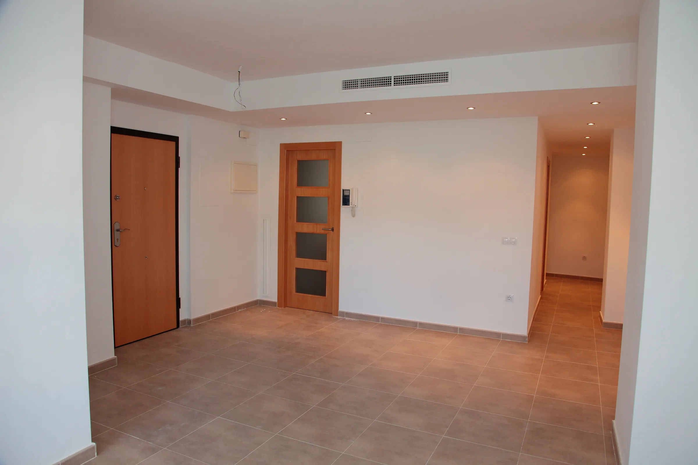 Salón con la puerta de entrada y el pasillo al fondo