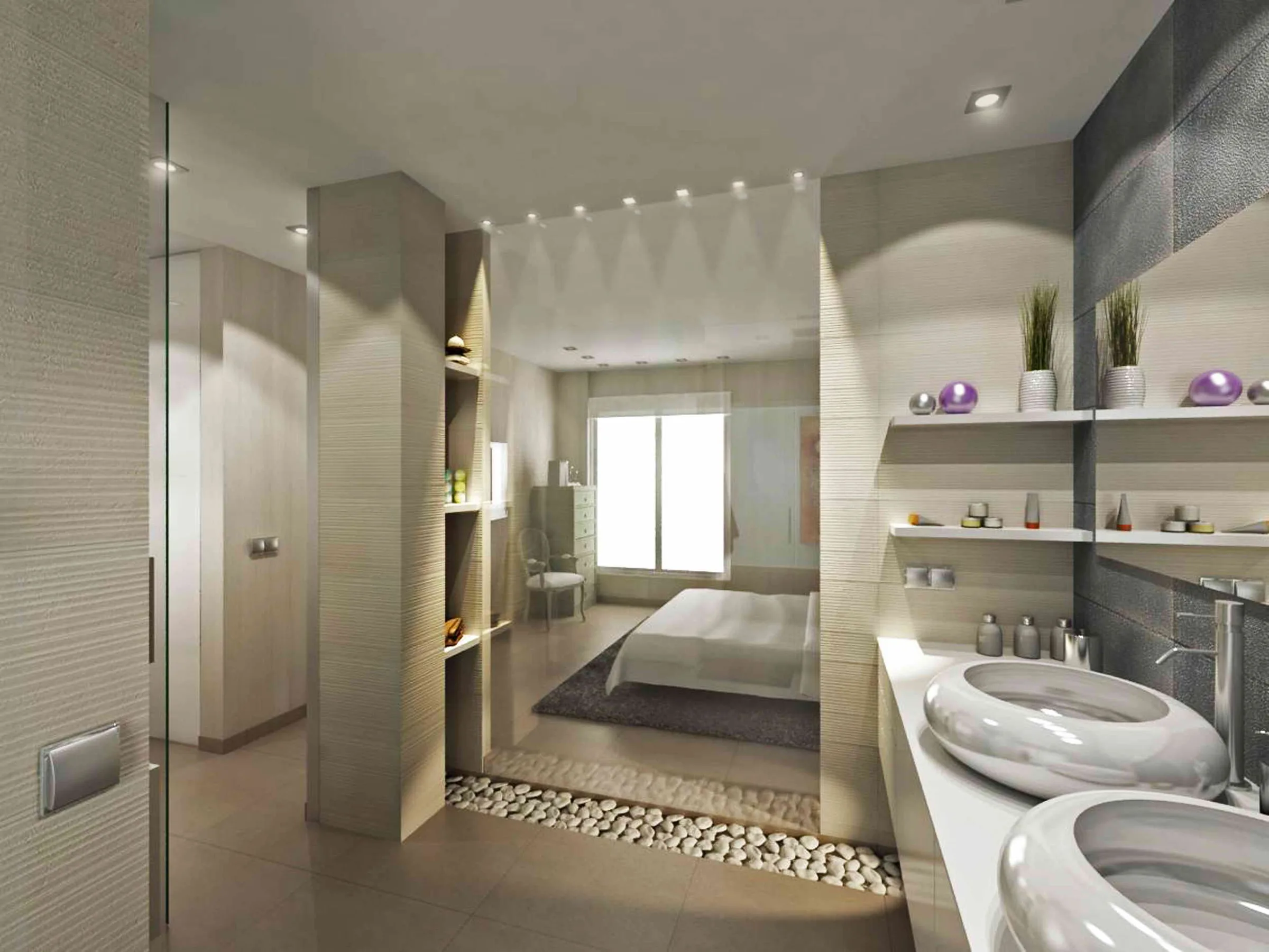 El baño en suite abierto al dormitorio