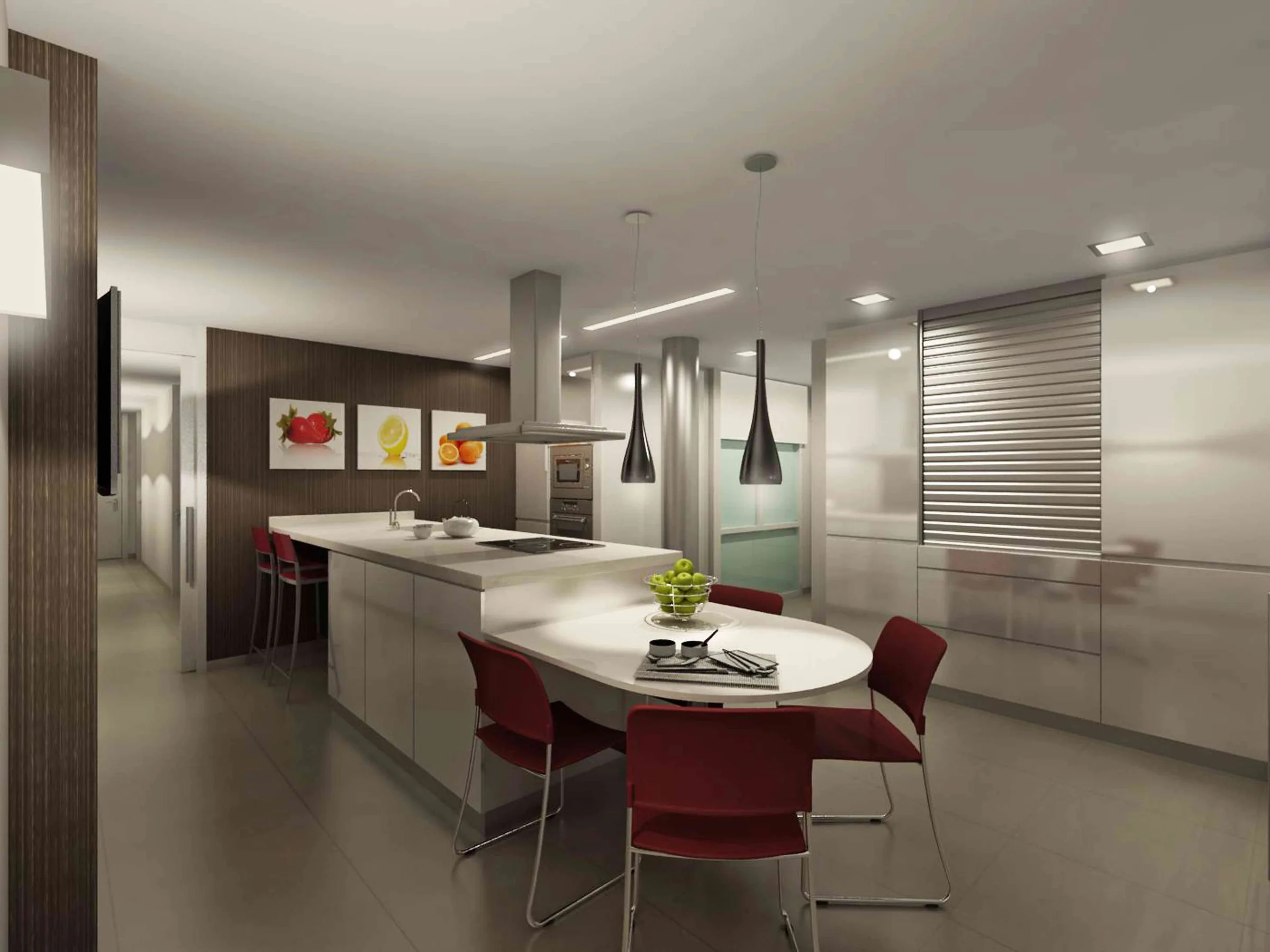 Cocina con isla y mesa integrada
