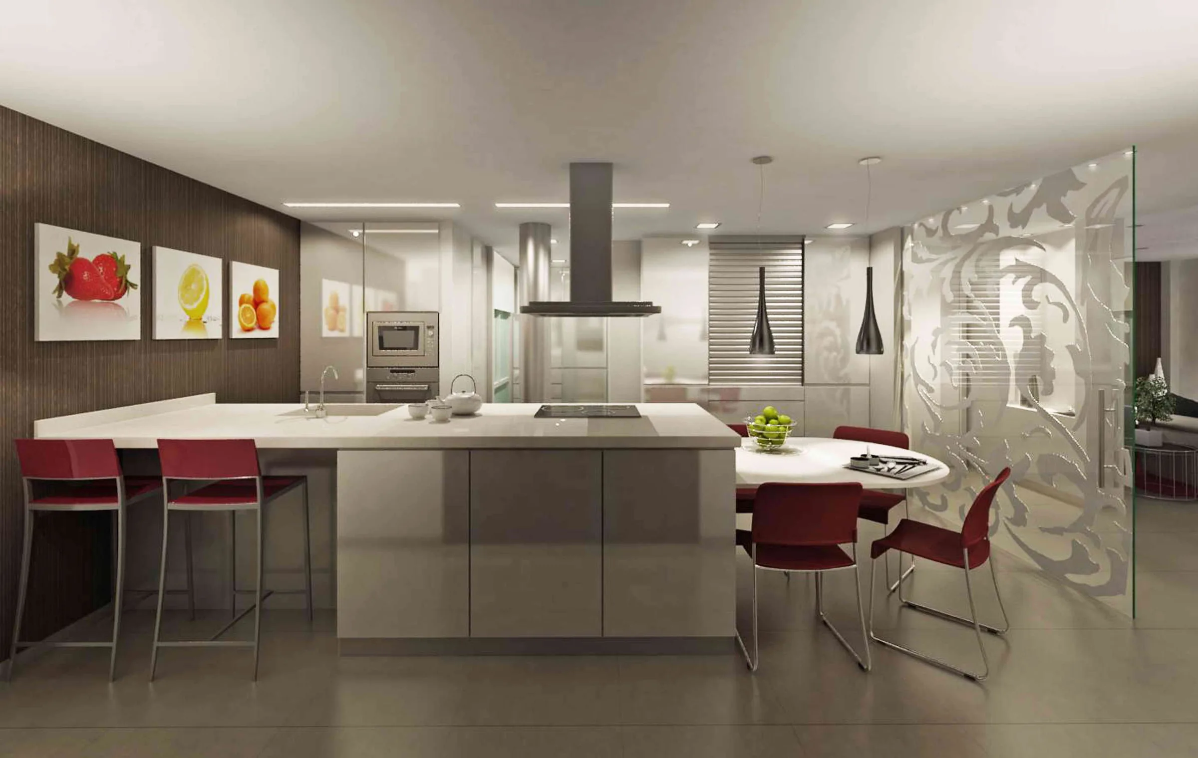 La medianera de cristal grabado entre la cocina y el salón