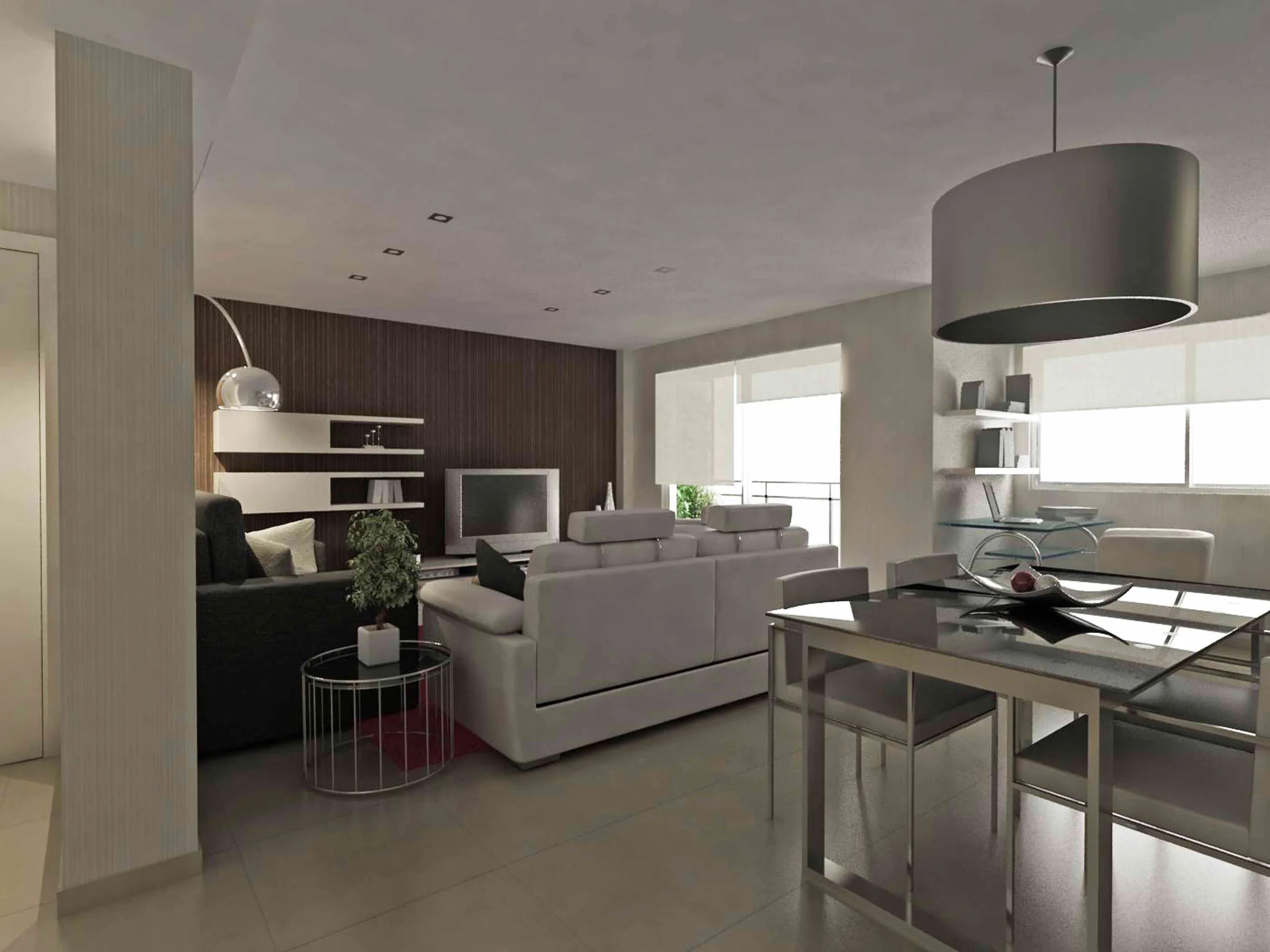 Salón comedor con la cocina al fondo