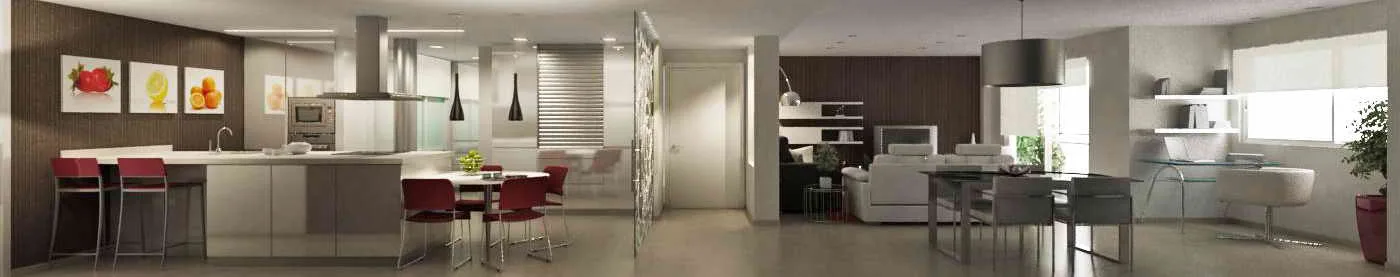 Vista longitudinal del conjunto salón-cocina